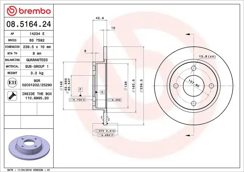 Rychlé Dodání Brzdový kotouč BREMBO 08.5164.24 - FORD